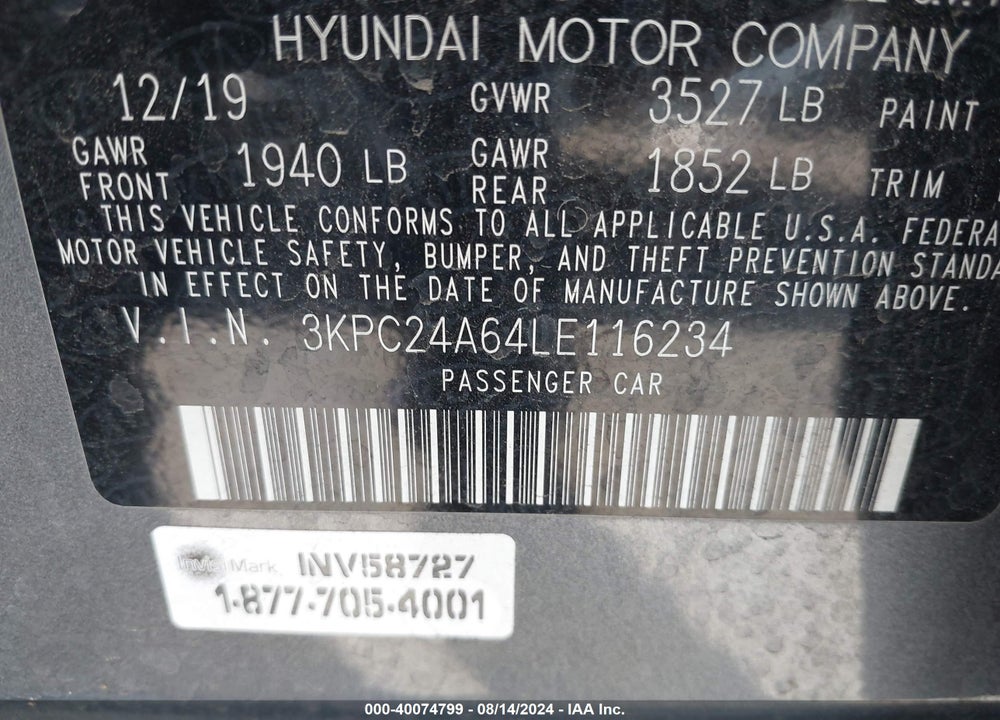 2020 HYUNDAI ACCENT SE VIN: 3KPC24A64LE116234