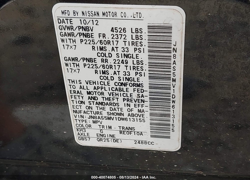 2013 NISSAN ROGUE SV VIN: JN8AS5MV1DW613155
