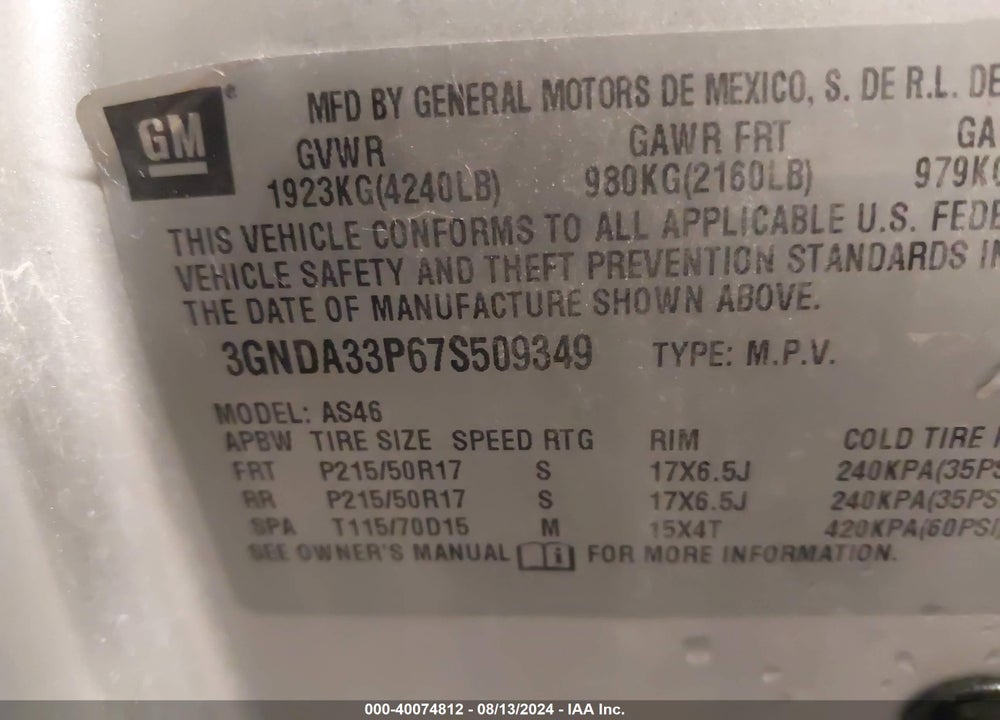2007 CHEVROLET HHR LT VIN: 3GNDA33P67S509349