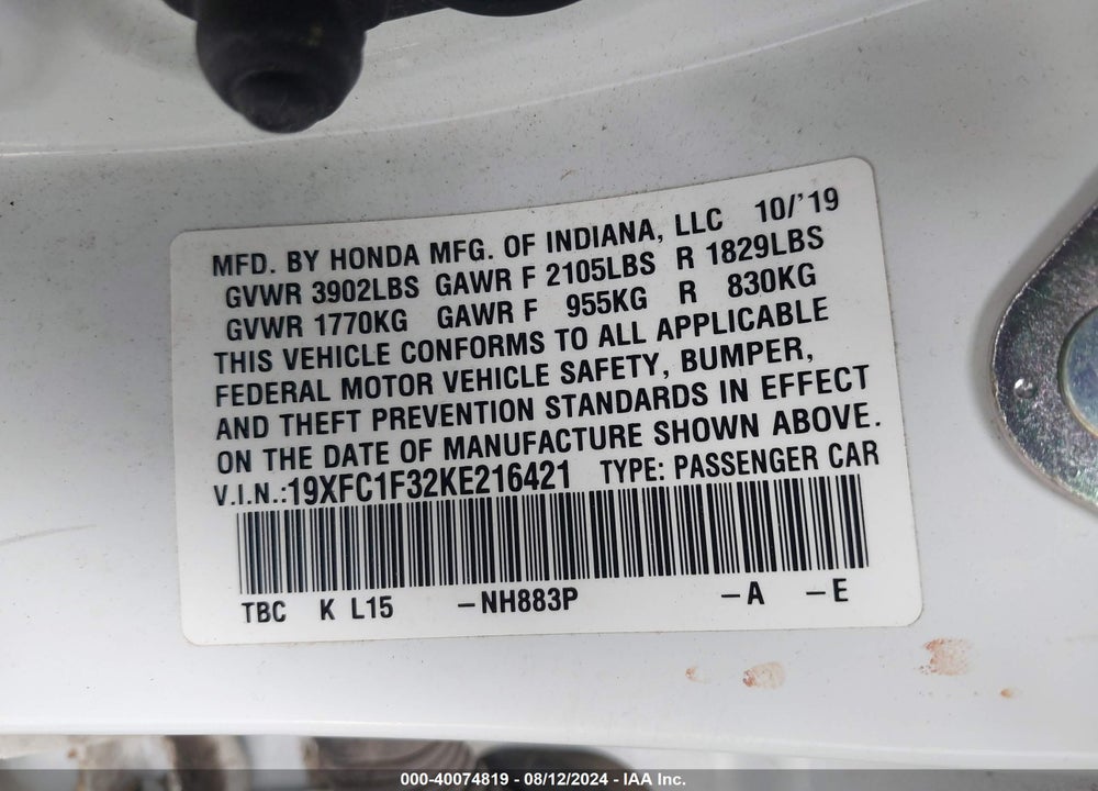 2019 HONDA CIVIC EX VIN: 19XFC1F32KE216421