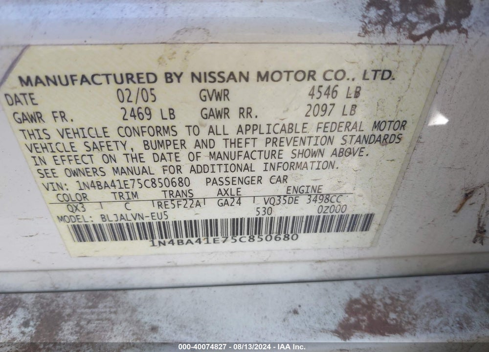 2005 NISSAN MAXIMA 3.5 SL VIN: 1N4BA41E75C850680