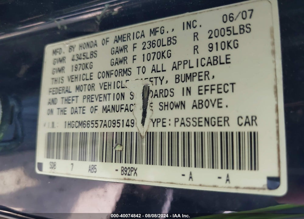 2007 HONDA ACCORD 3.0 EX VIN: 1HGCM66557A095149