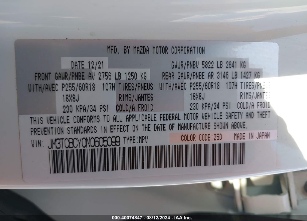 2022 MAZDA CX-9 TOURING VIN: JM3TCBCY0N0605099