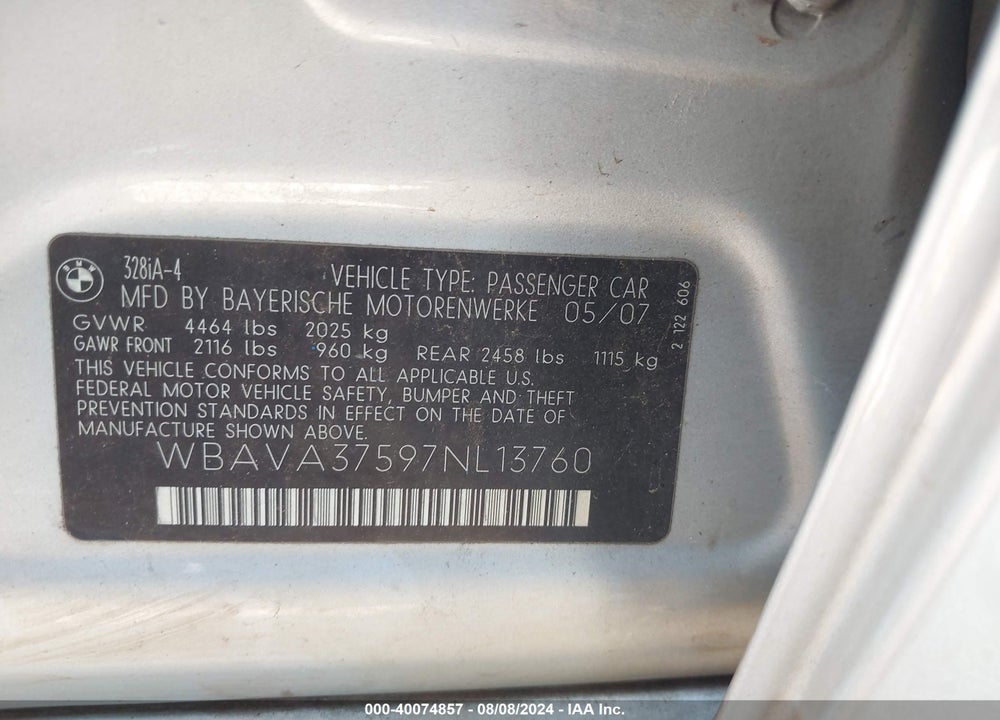 2007 BMW 328I VIN: WBAVA37597NL13760