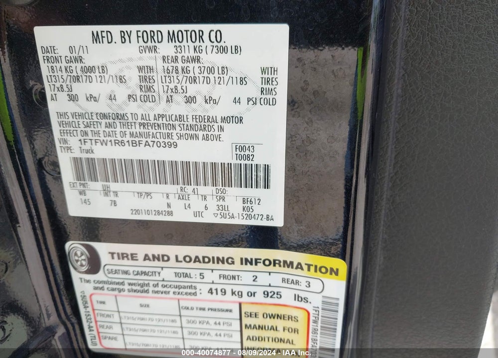 2011 FORD F-150 SVT RAPTOR VIN: 1FTFW1R61BFA70399
