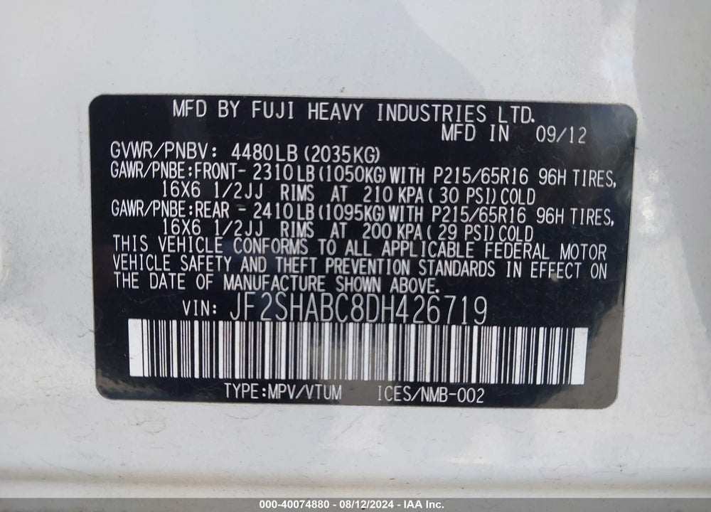 2013 SUBARU FORESTER 2.5X VIN: JF2SHABC8DH426719