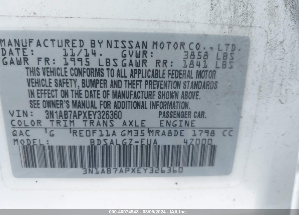 2014 NISSAN SENTRA SL VIN: 3N1AB7APXEY326360