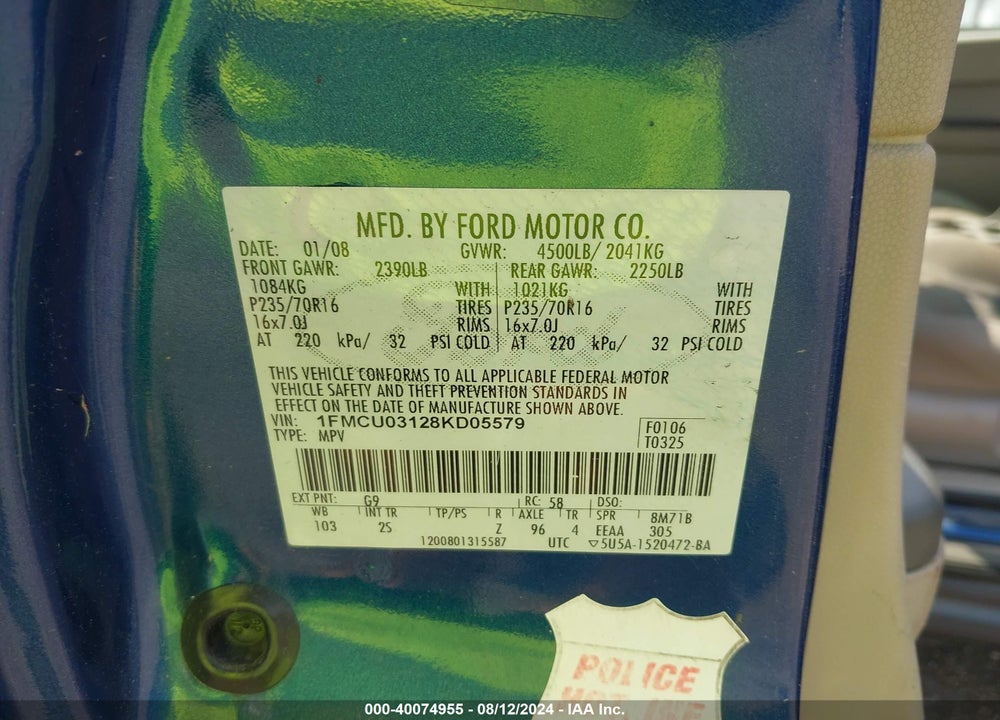 2008 FORD ESCAPE VIN: 1FMCU03128KD05579