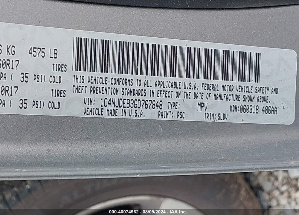 2016 JEEP COMPASS HIGH ALTITUDE EDITION VIN: 1C4NJDEB3GD767848