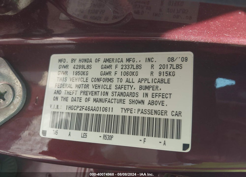 2010 HONDA ACCORD 2.4 LX-P VIN: 1HGCP2F46AA010611