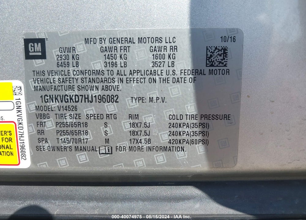 2017 CHEVROLET TRAVERSE 1LT VIN: 1GNKVGKD7HJ196082