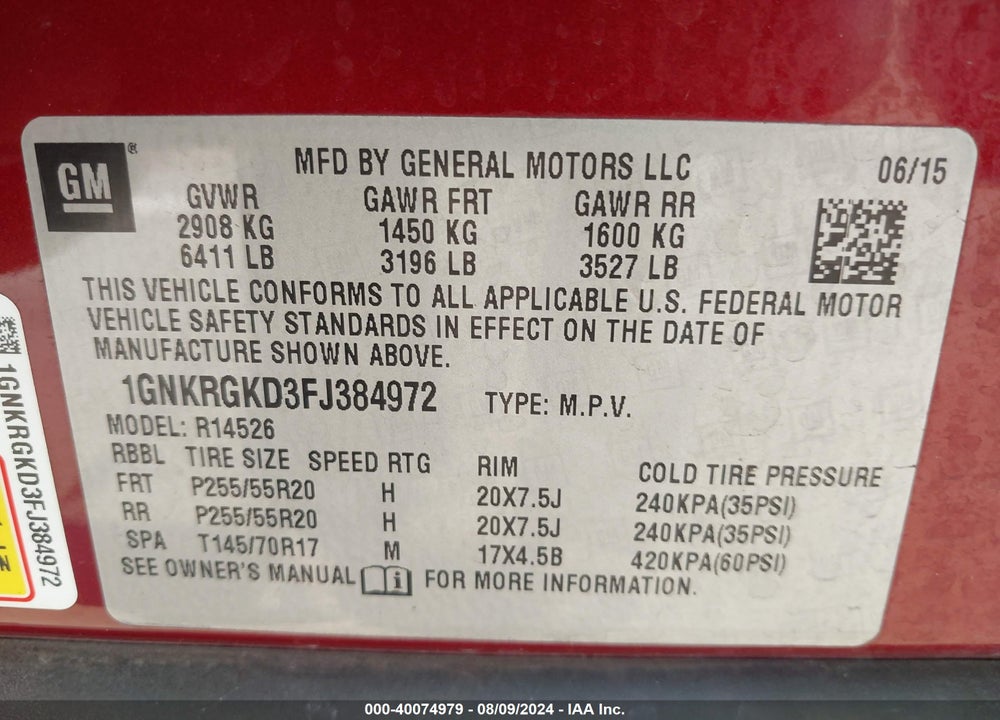 2015 CHEVROLET TRAVERSE 1LT VIN: 1GNKRGKD3FJ384972