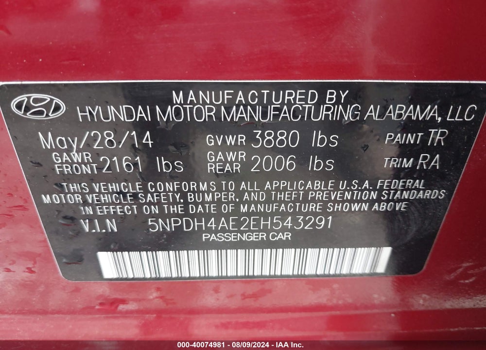 2014 HYUNDAI ELANTRA SE VIN: 5NPDH4AE2EH543291