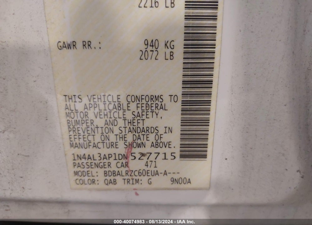 2013 NISSAN ALTIMA 2.5 S VIN: 1N4AL3AP1DN527715