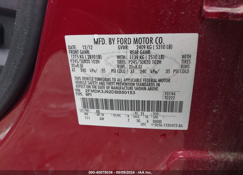 2013 FORD EDGE SEL VIN: 2FMDK3J92DBB50153