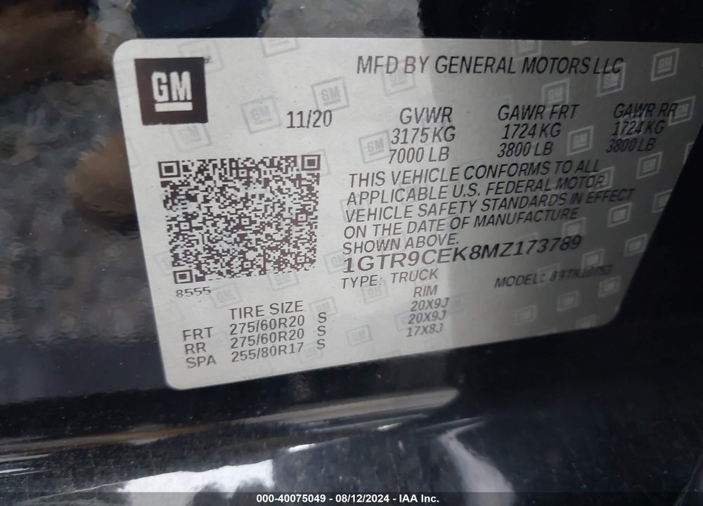 2021 GMC SIERRA 1500 4WD DOUBLE CAB STANDARD BOX ELEVATION VIN: 1GTR9CEK8MZ173789