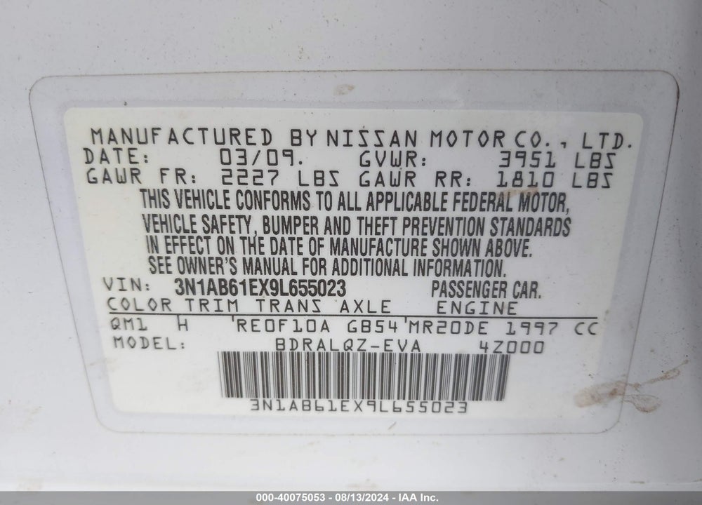 2009 NISSAN SENTRA 2.0 VIN: 3N1AB61EX9L655023