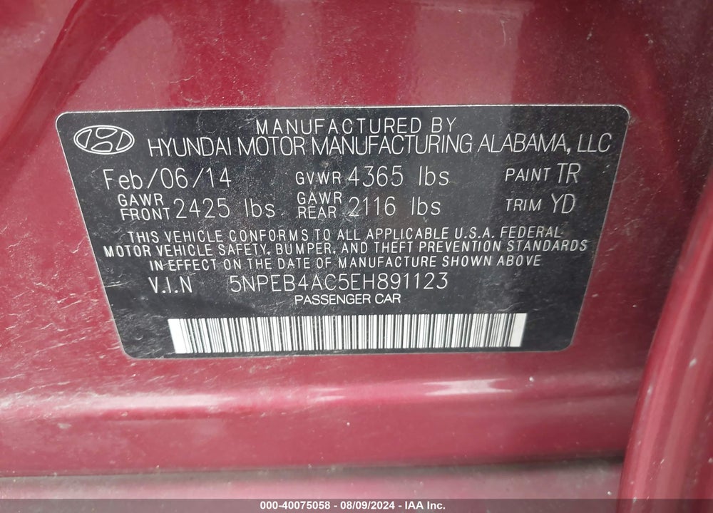 2014 HYUNDAI SONATA GLS VIN: 5NPEB4AC5EH891123