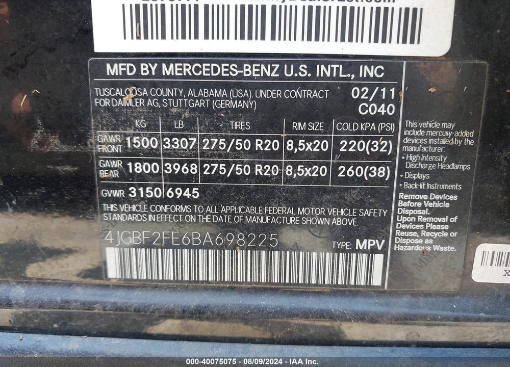 2011 MERCEDES-BENZ GL 350 BLUETEC 4MATIC VIN: 4JGBF2FE6BA698225
