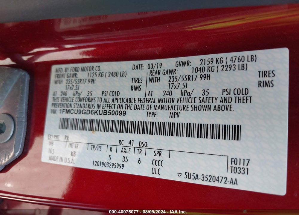 2019 FORD ESCAPE SE VIN: 1FMCU9GD6KUB50099
