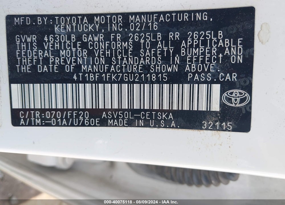 2016 TOYOTA CAMRY SE VIN: 4T1BF1FK7GU211815