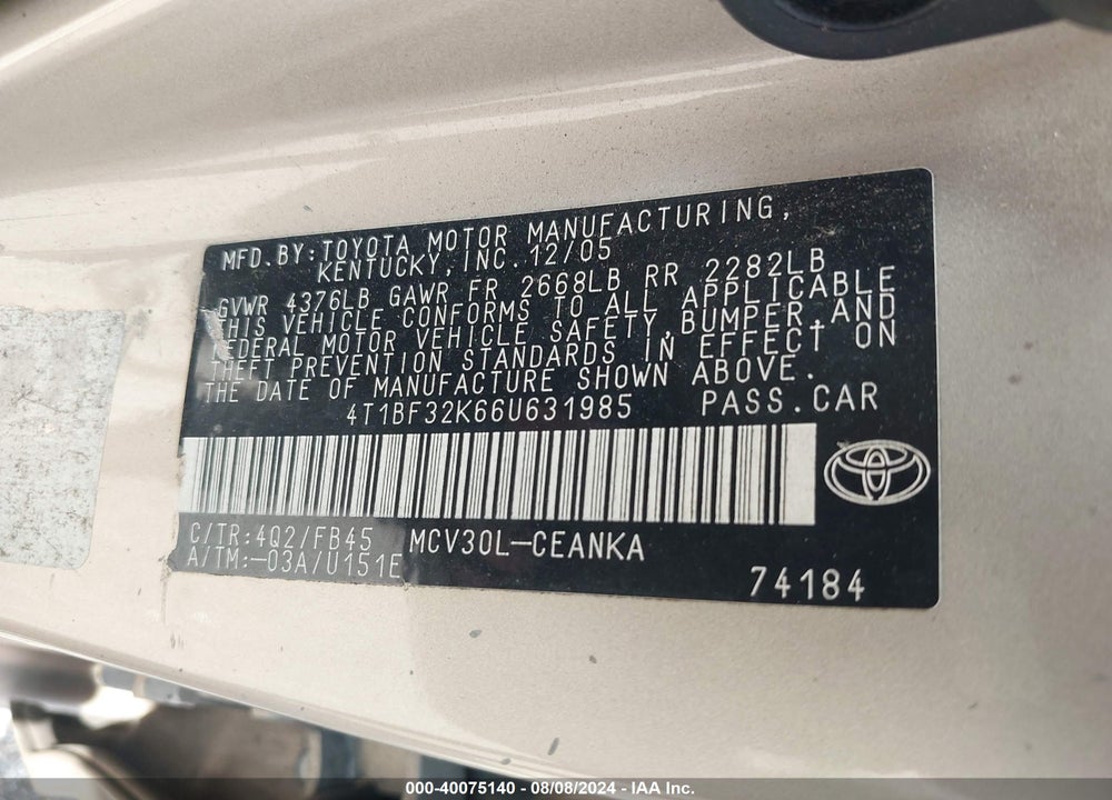 2006 TOYOTA CAMRY LE V6 VIN: 4T1BF32K66U631985