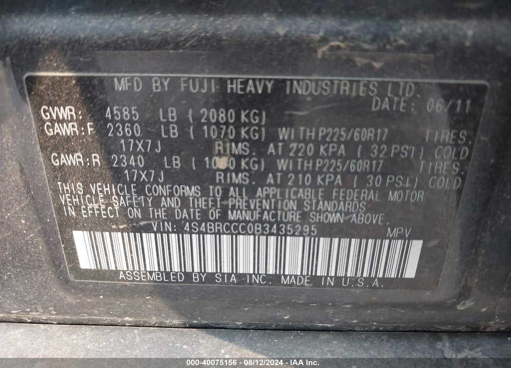 2011 SUBARU OUTBACK 2.5I PREMIUM VIN: 4S4BRCCC0B3435295