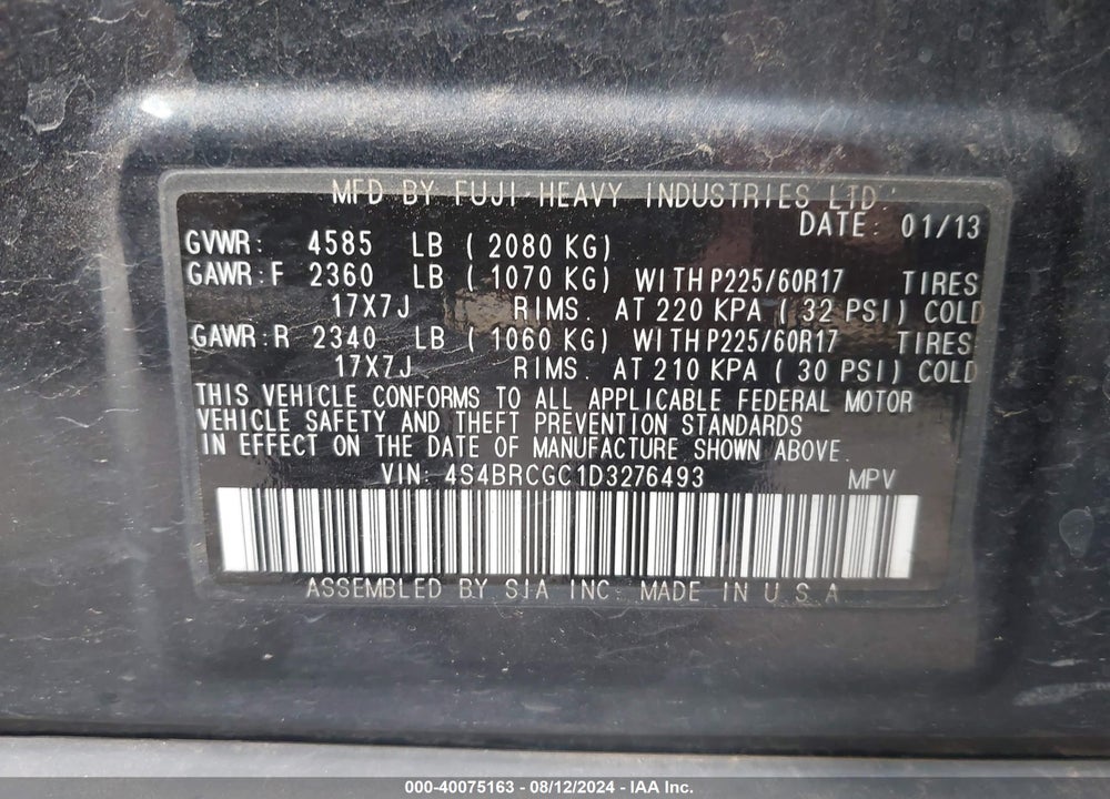 2013 SUBARU OUTBACK 2.5I PREMIUM VIN: 4S4BRCGC1D3276493