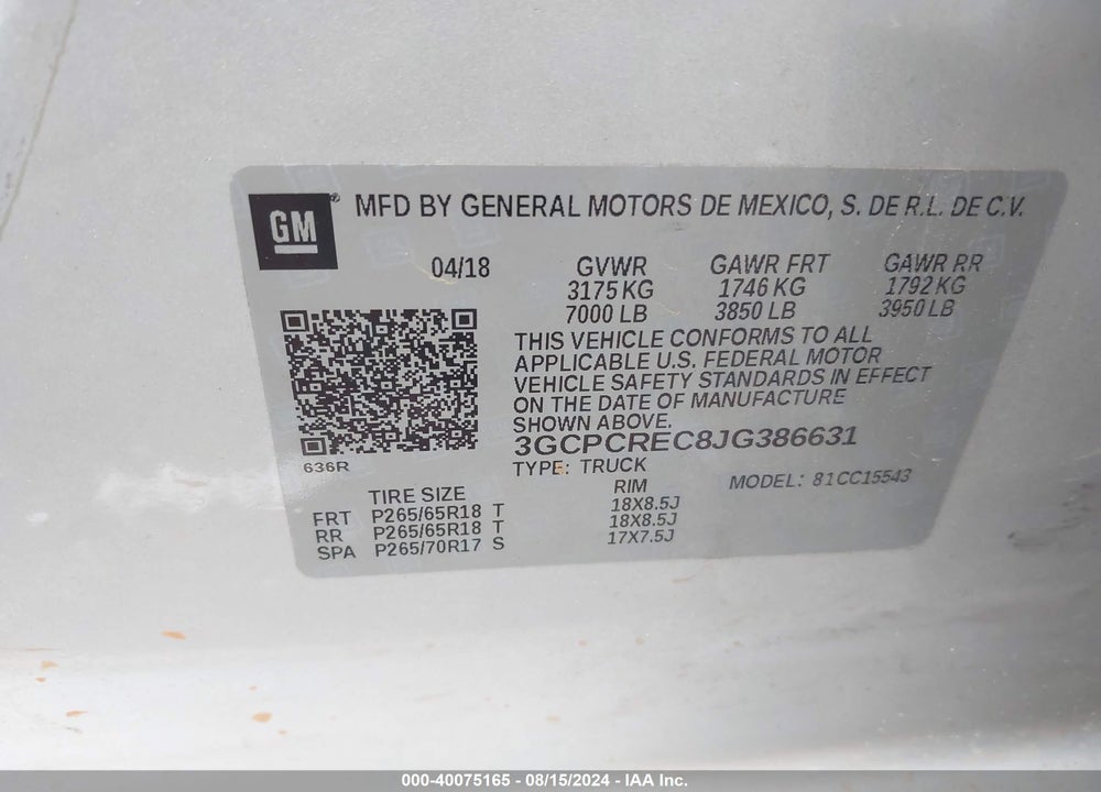 2018 CHEVROLET SILVERADO 1500 VIN: 3GCPCREC8JG386631