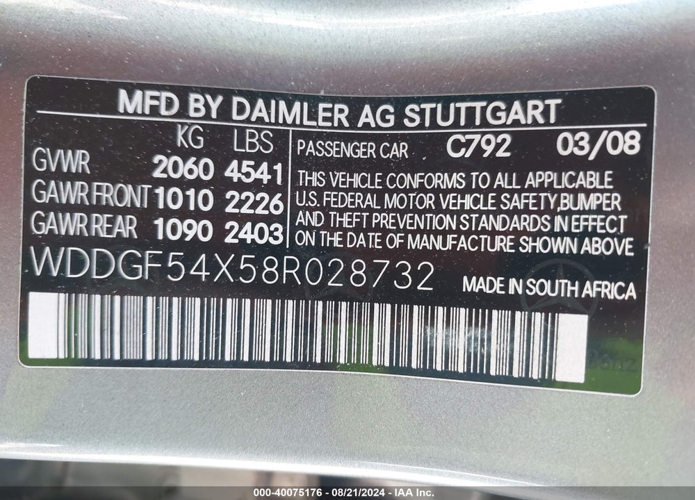 2008 MERCEDES-BENZ C 300 LUXURY/SPORT VIN: WDDGF54X58R028732
