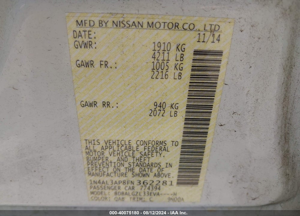2015 NISSAN ALTIMA 2.5 S VIN: 1N4AL3AP8FN362281