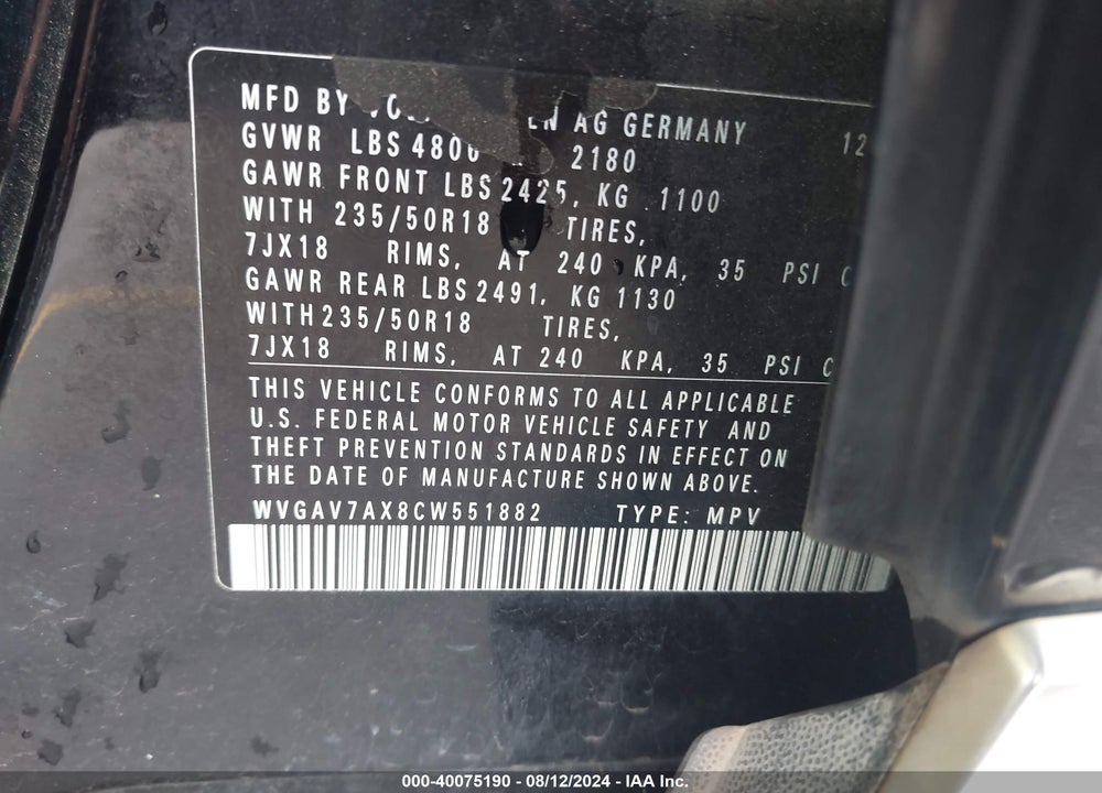 2012 VOLKSWAGEN TIGUAN SE VIN: WVGAV7AX8CW551882