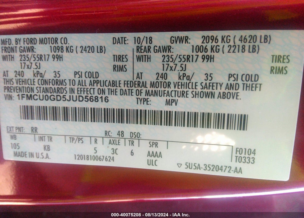 2018 FORD ESCAPE SE VIN: 1FMCU0GD5JUD56816
