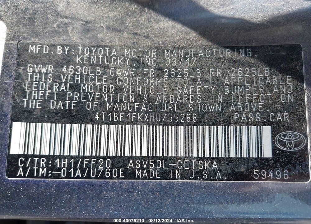 2017 TOYOTA CAMRY SE VIN: 4T1BF1FKXHU755288