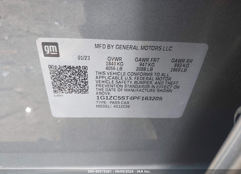 2023 CHEVROLET MALIBU FWD 1FL VIN: 1G1ZC5ST4PF163205