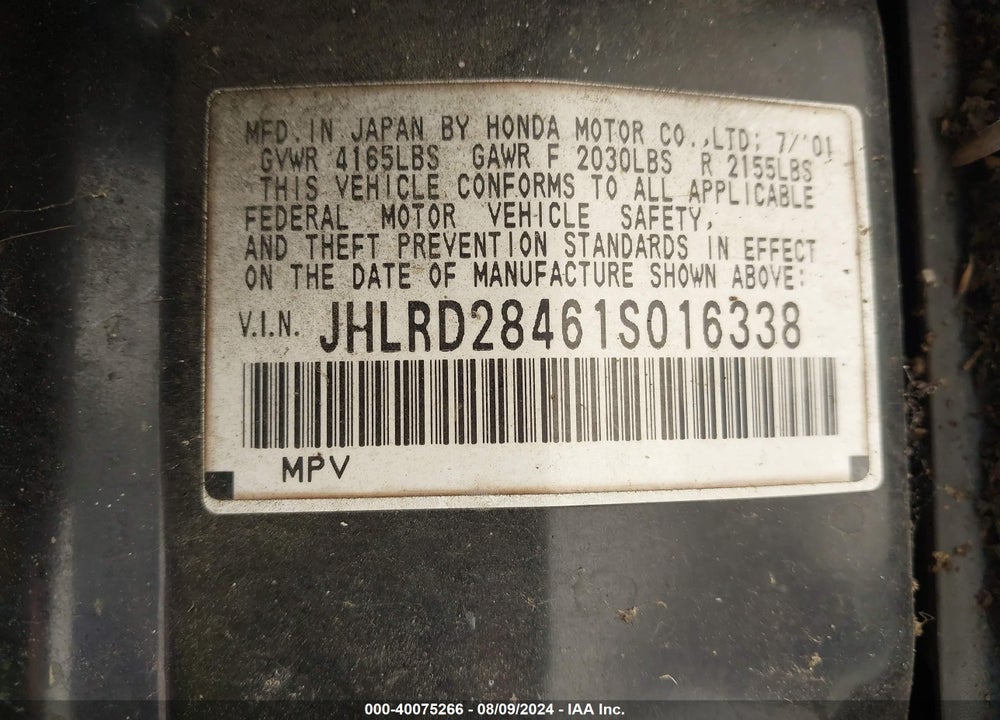 2001 HONDA CR-V LX VIN: JHLRD28461S016338