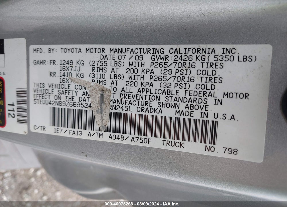 2009 TOYOTA TACOMA BASE V6 VIN: 5TEUU42N89Z669524