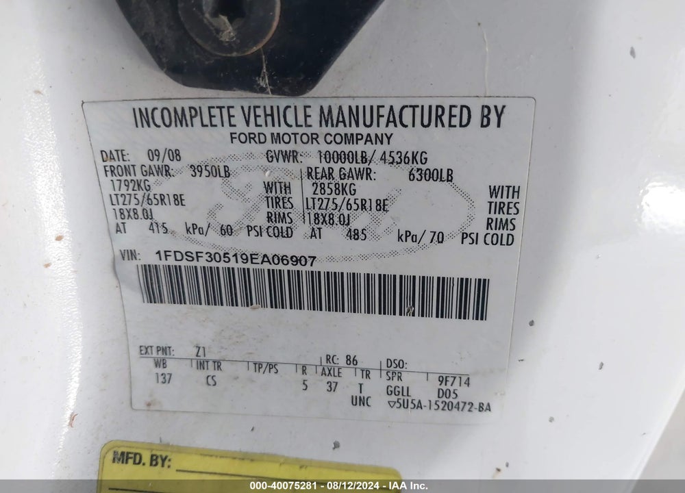 2009 FORD F-350 XL/XLT VIN: 1FDSF30519EA06907