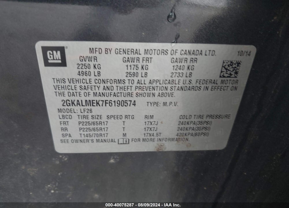 2015 GMC TERRAIN SLE-1 VIN: 2GKALMEK7F6190574