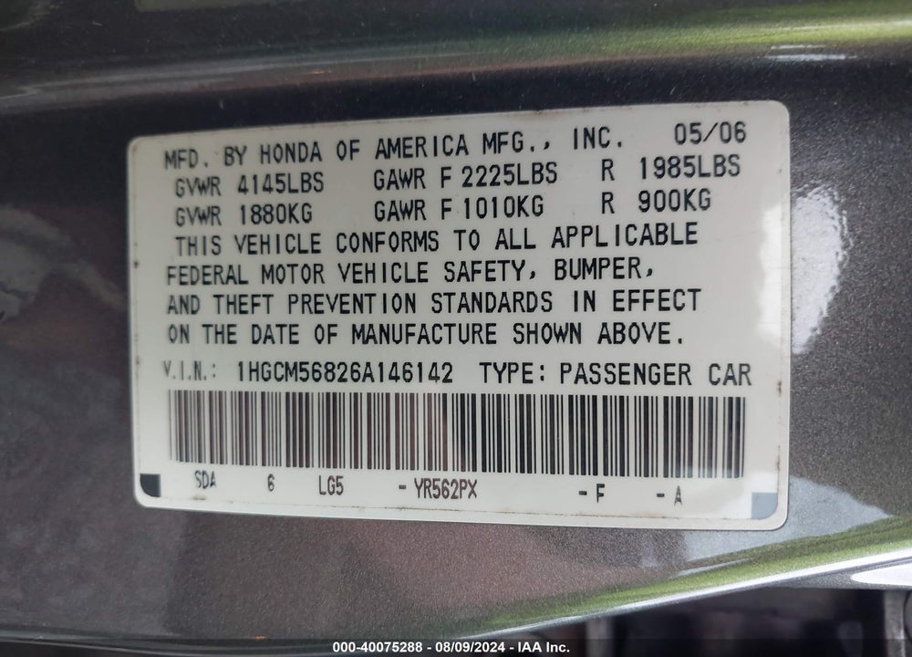 2006 HONDA ACCORD 2.4 EX VIN: 1HGCM56826A146142