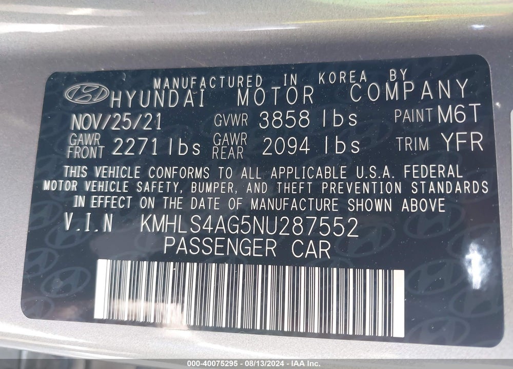 2022 HYUNDAI ELANTRA SEL VIN: KMHLS4AG5NU287552