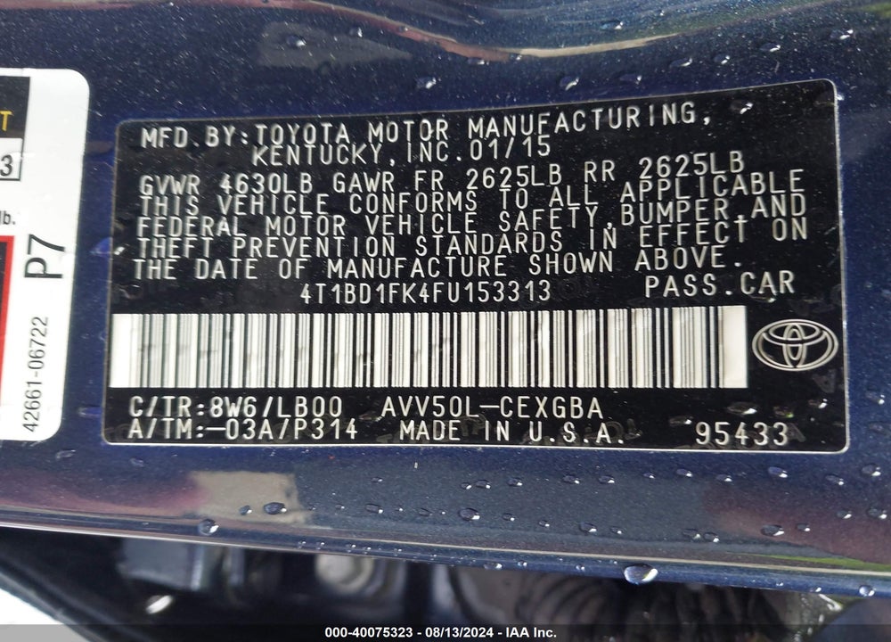 2015 TOYOTA CAMRY HYBRID XLE VIN: 4T1BD1FK4FU153313