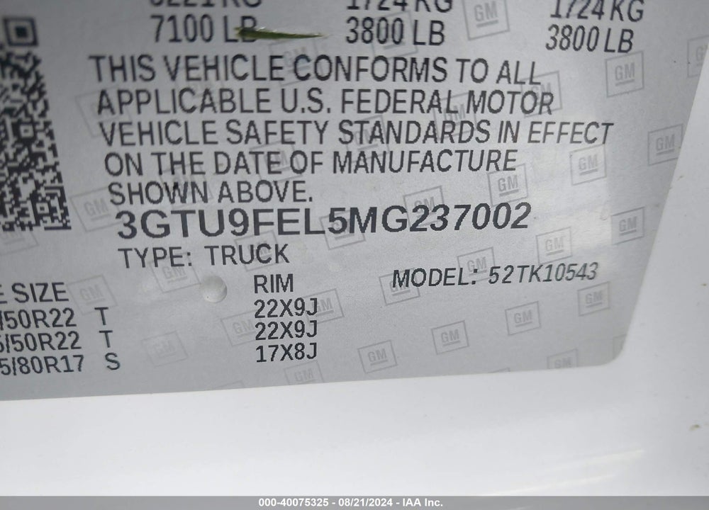 2021 GMC SIERRA 1500 4WD SHORT BOX DENALI VIN: 3GTU9FEL5MG237002