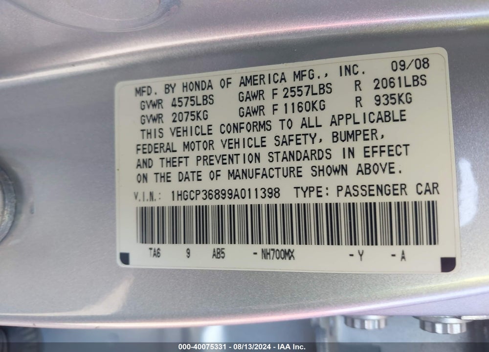 2009 HONDA ACCORD 3.5 EX-L VIN: 1HGCP36899A011398