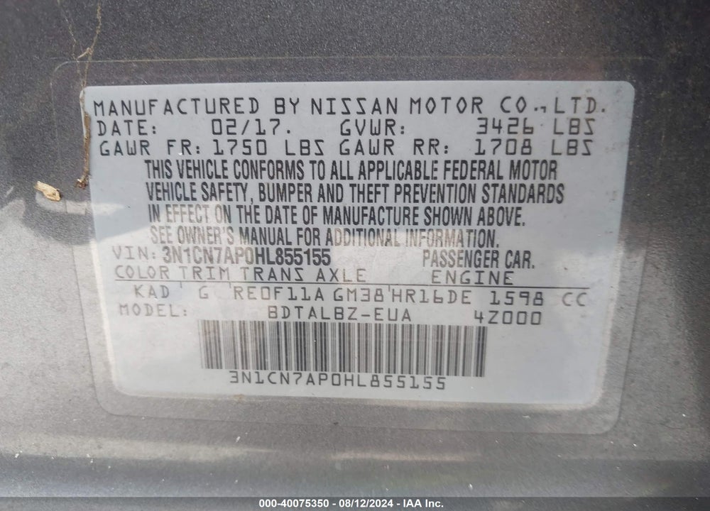 2017 NISSAN VERSA 1.6 SV VIN: 3N1CN7AP0HL855155