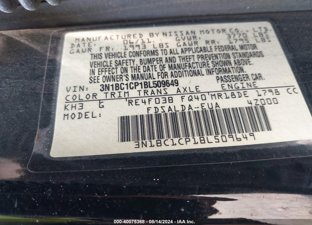 2011 NISSAN VERSA 1.8S VIN: 3N1BC1CP1BL509649