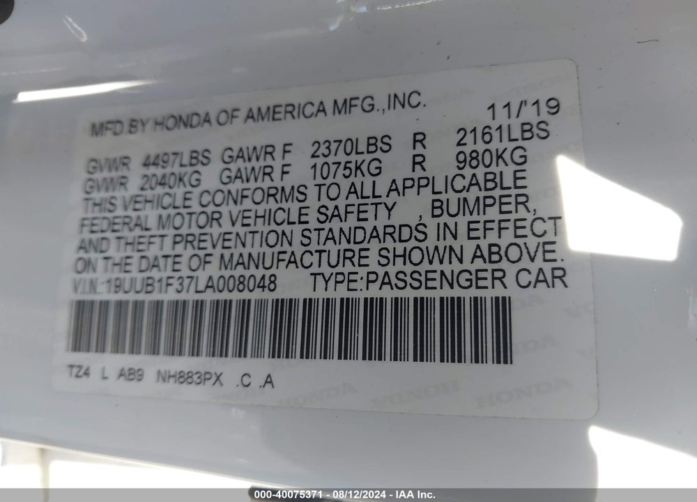2020 ACURA TLX STANDARD VIN: 19UUB1F37LA008048