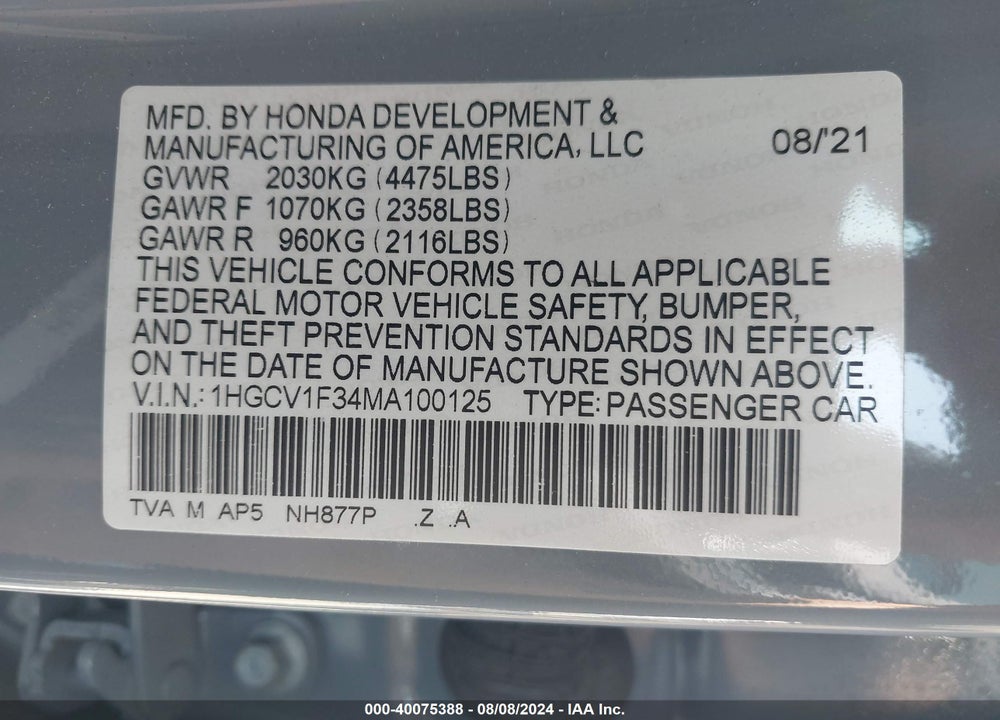 2021 HONDA ACCORD SPORT VIN: 1HGCV1F34MA100125