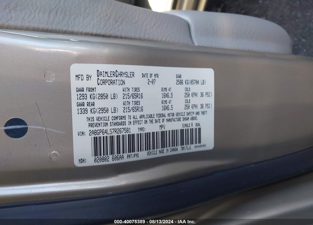 2007 CHRYSLER TOWN & COUNTRY LIMITED VIN: 2A8GP64L57R267581