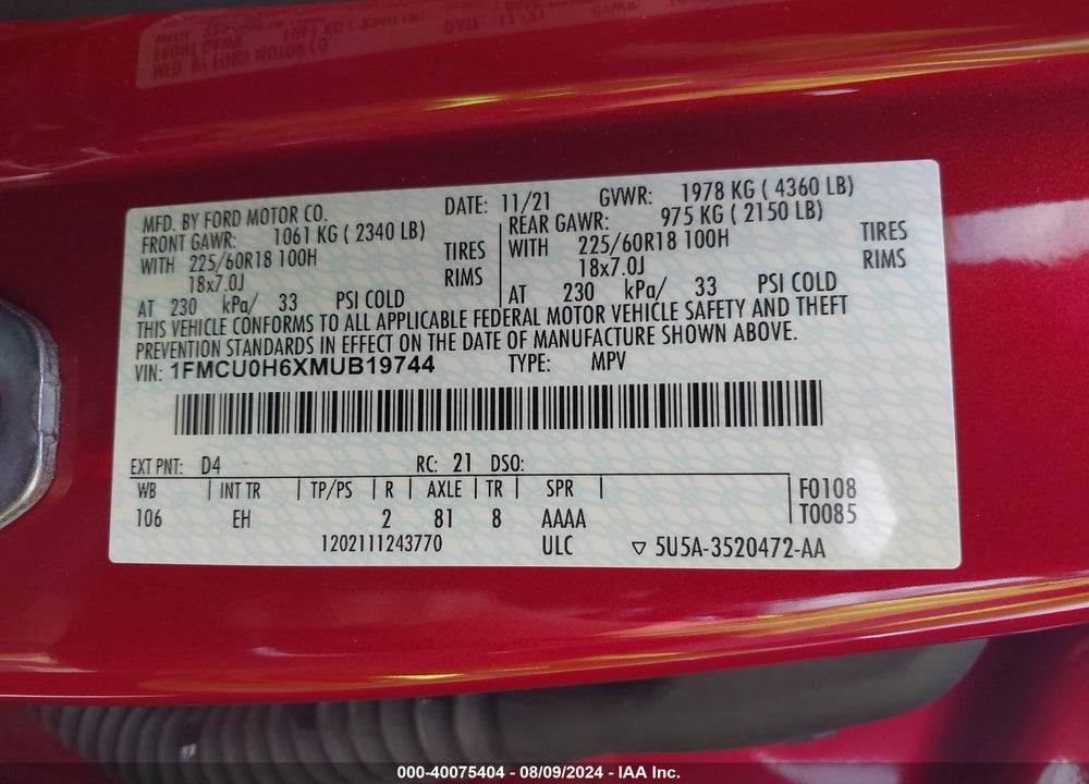 2021 FORD ESCAPE SEL VIN: 1FMCU0H6XMUB19744